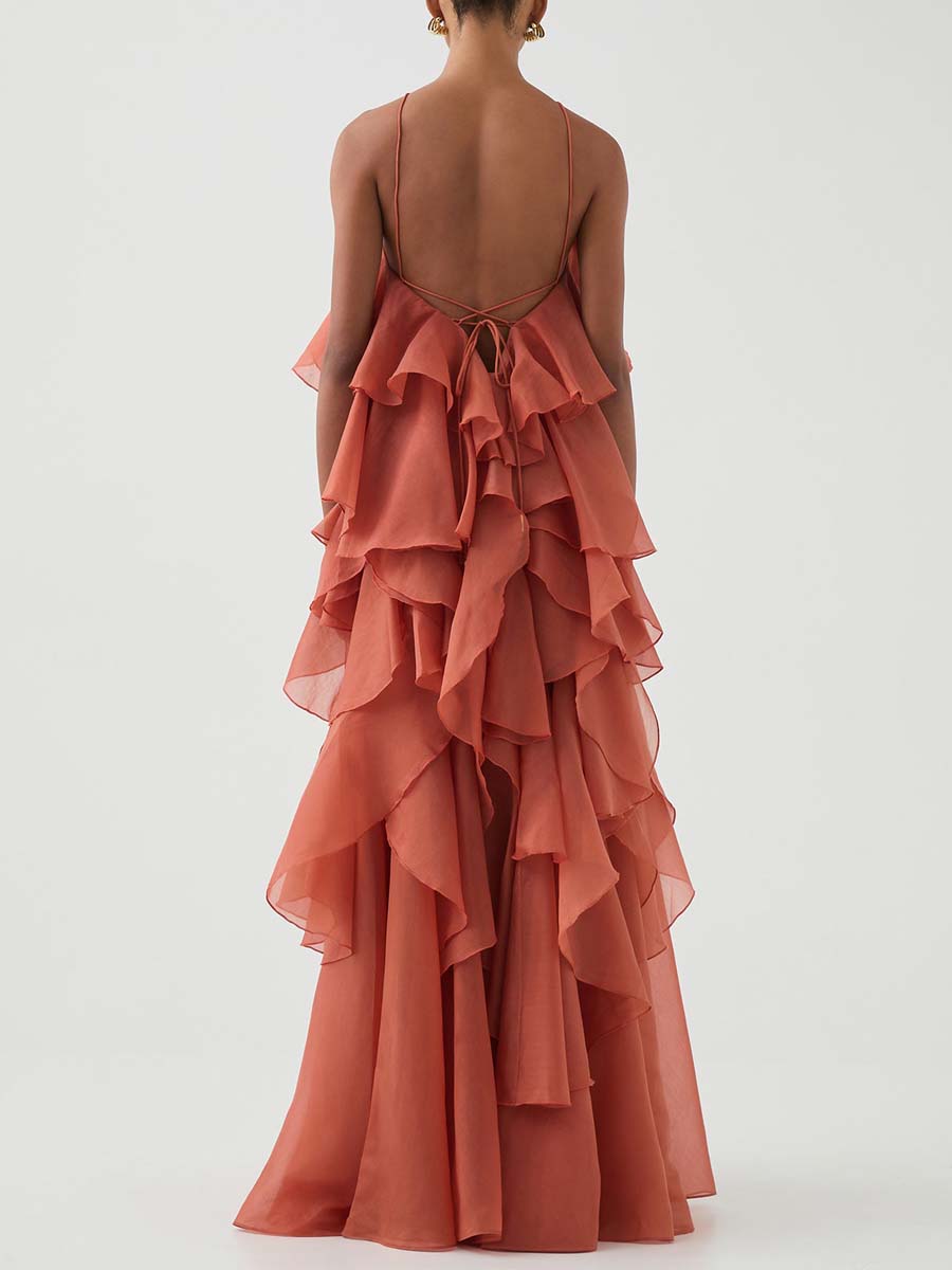 Halter Neck Layered Ruffles Maxi Dress