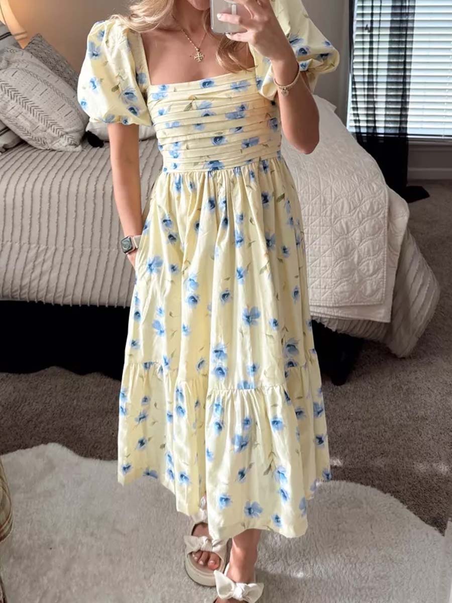 Printed Puff Sleeve Square Collar Dress