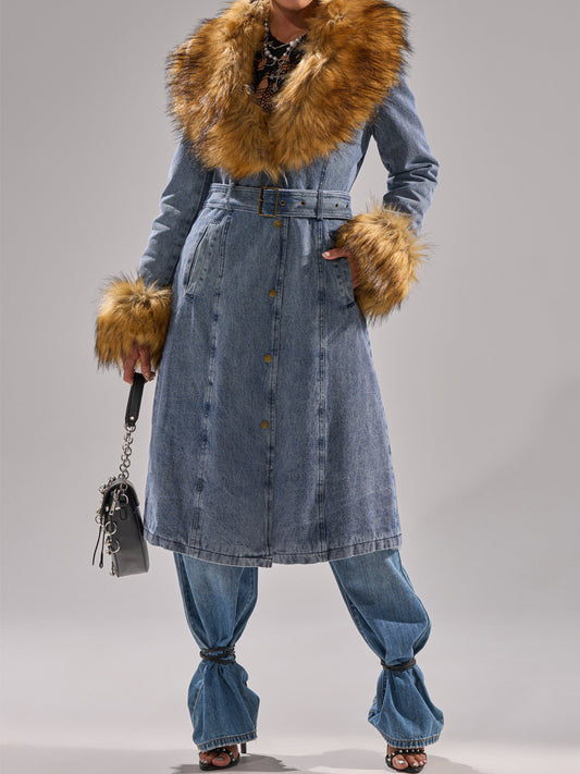 Wide Faux Fur Collar Denim Trench