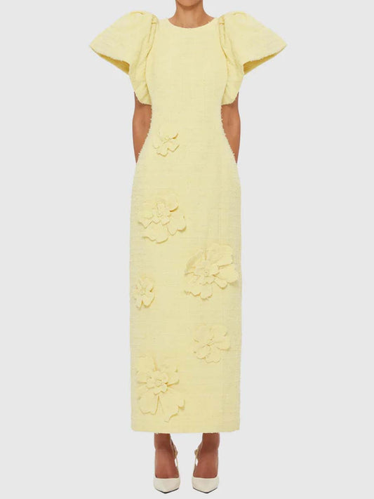 3D Flower Puff Sleeve Maxi Dress