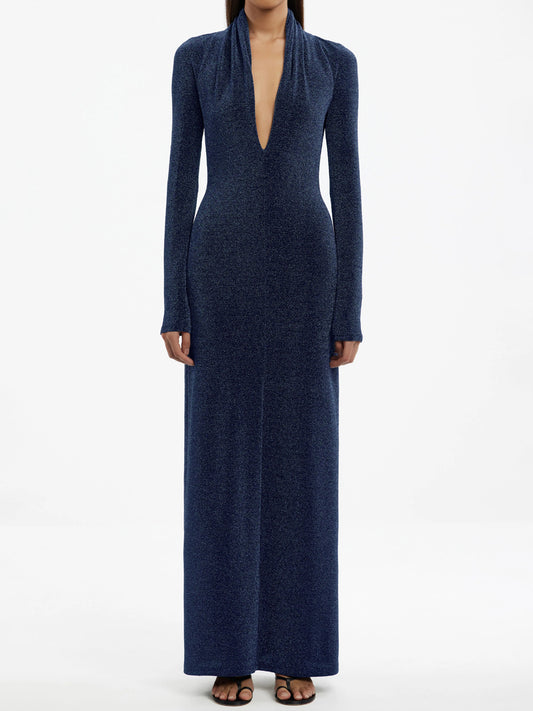 Plunge Neck Long Sleeve Open Back Maxi Dress