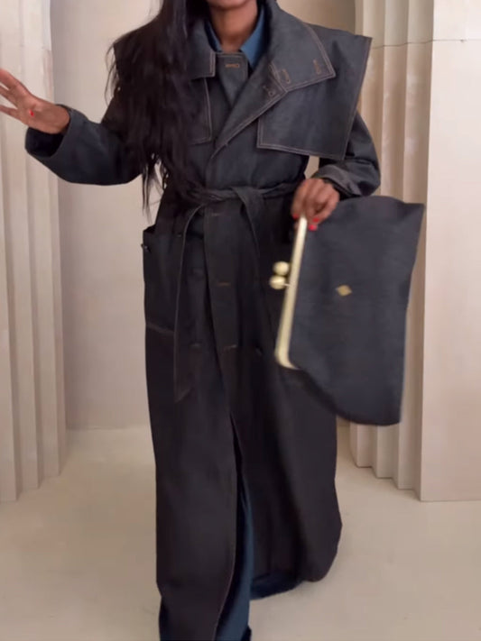 Fashion Lapel Strap Denim Trench Coat