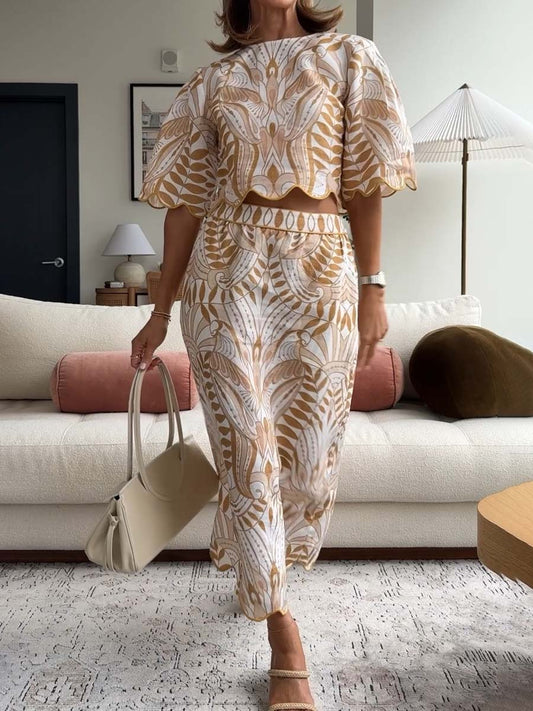 Printed Elbow-length Sleeve Two Pieces Dress