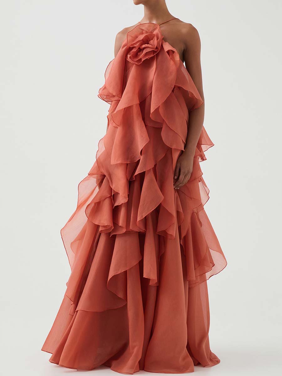 Halter Neck Layered Ruffles Maxi Dress
