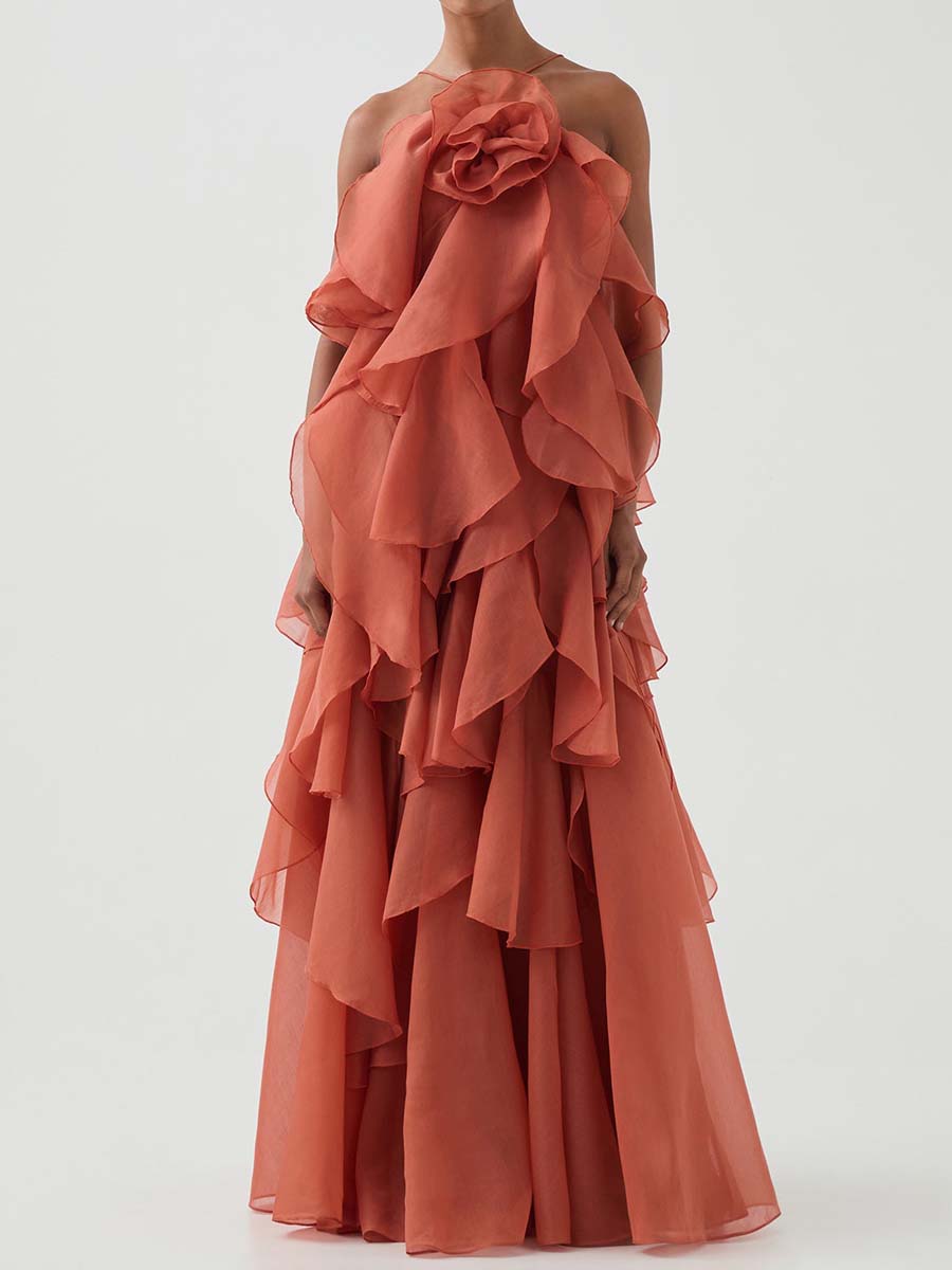 Halter Neck Layered Ruffles Maxi Dress
