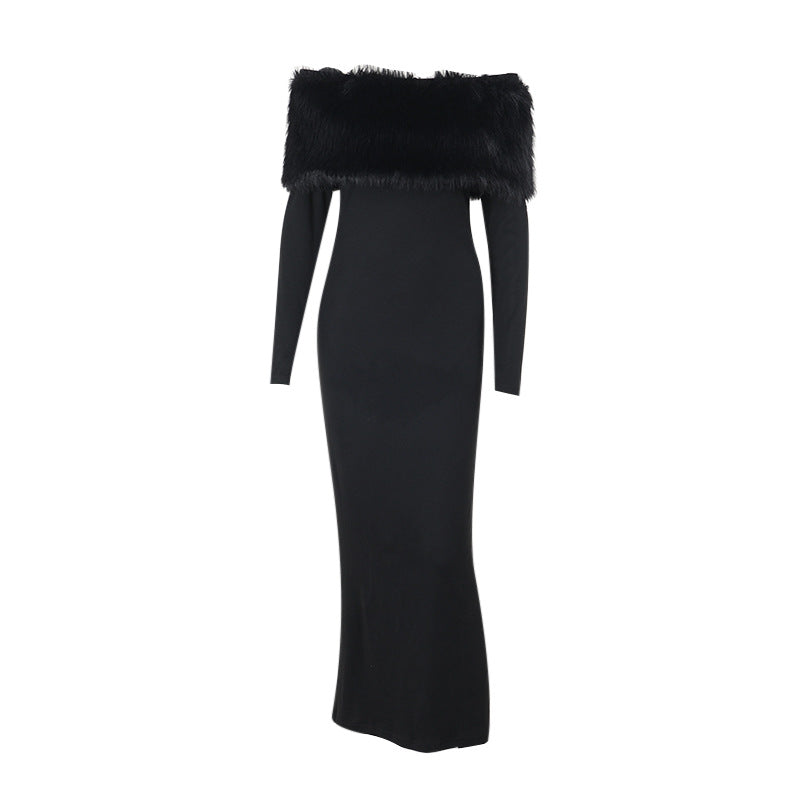Elegant Off-shoulder Fur Collar Slim-fit Dress
