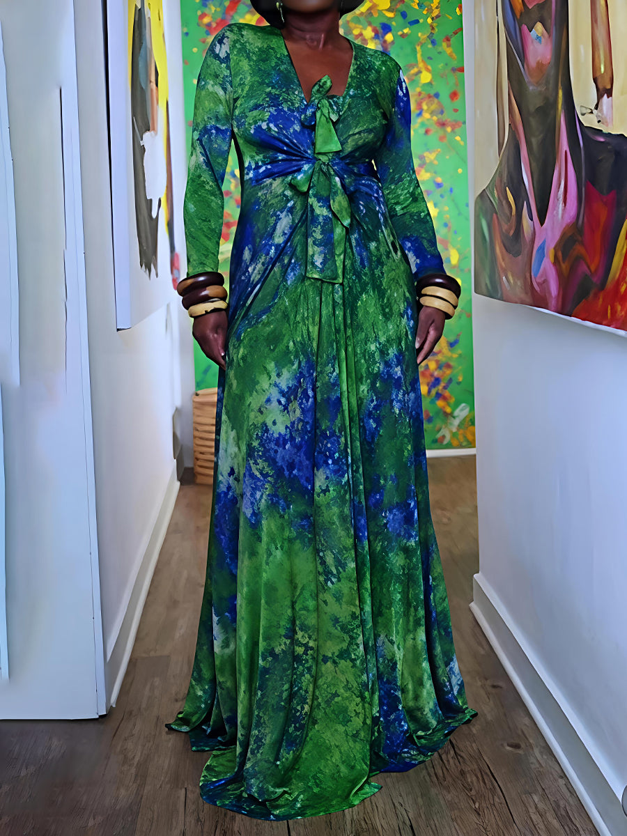 Tie Details Tie Dye Deep V Neck Maxi Dress