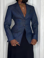 Darted Waist Notch Lapels Denim Blazer