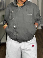Metal Button Collared Slant Placket Soft Warm Coat