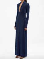 Plunge Neck Long Sleeve Open Back Maxi Dress