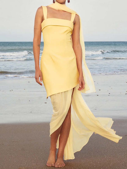 Square Collar Patchwork Chiffon Dress