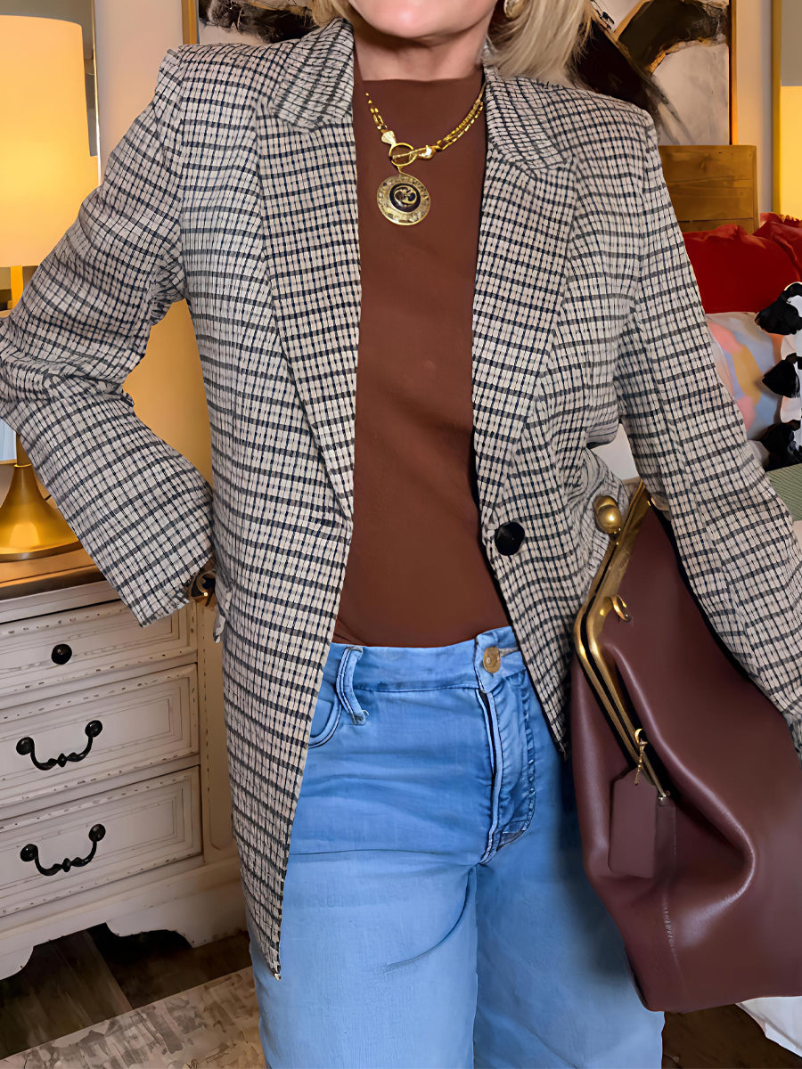 Houndstooth Print Long Sleeve Blazer