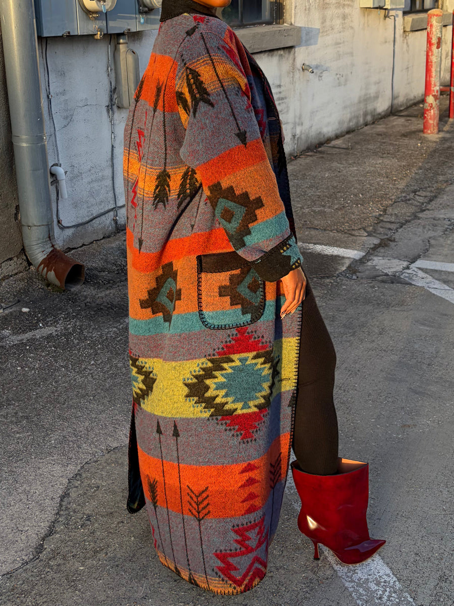 Multicolor Placement Print Long Coat