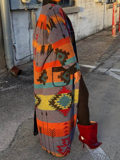 Multicolor Placement Print Long Coat