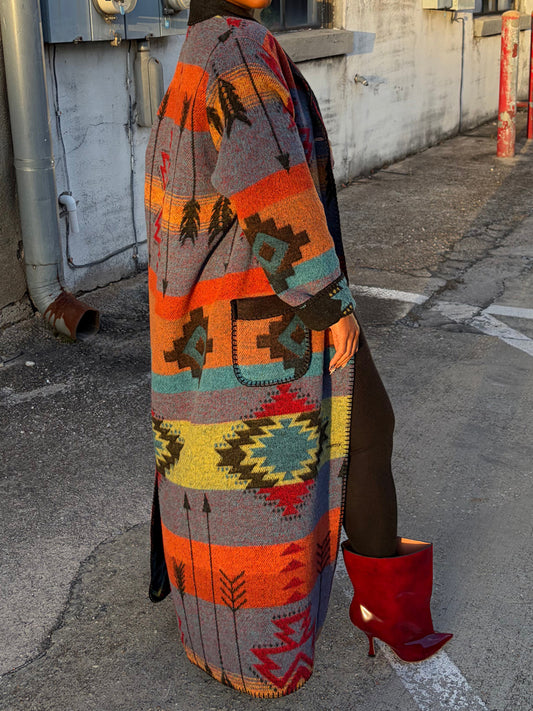 Multicolor Placement Print Long Coat