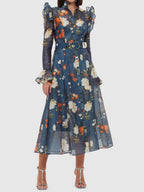 High Collared Neck Printed Ruffled Dress