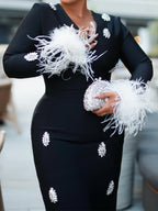 Feather-Trimmed Wrists Gemstone Embellishments Party Dress