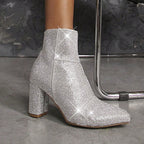 Sparking Rhinestone Chunky Heel Point-Toe Booties
