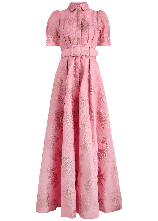 Waist-Cinching Button-Down Jacquard Maxi Dress