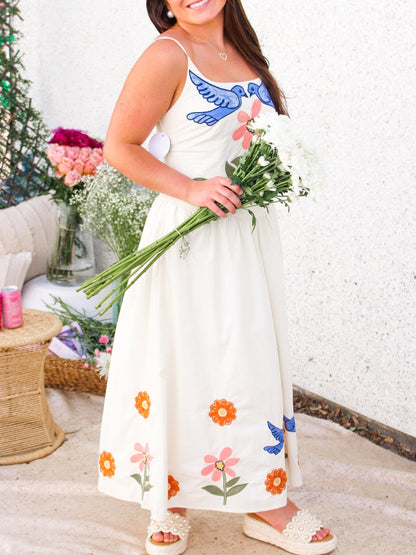 Birds Embroidery Maxi Dress