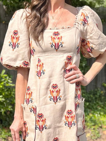 Puff-Sleeve Linen Embroidered Macaw Midi Dress