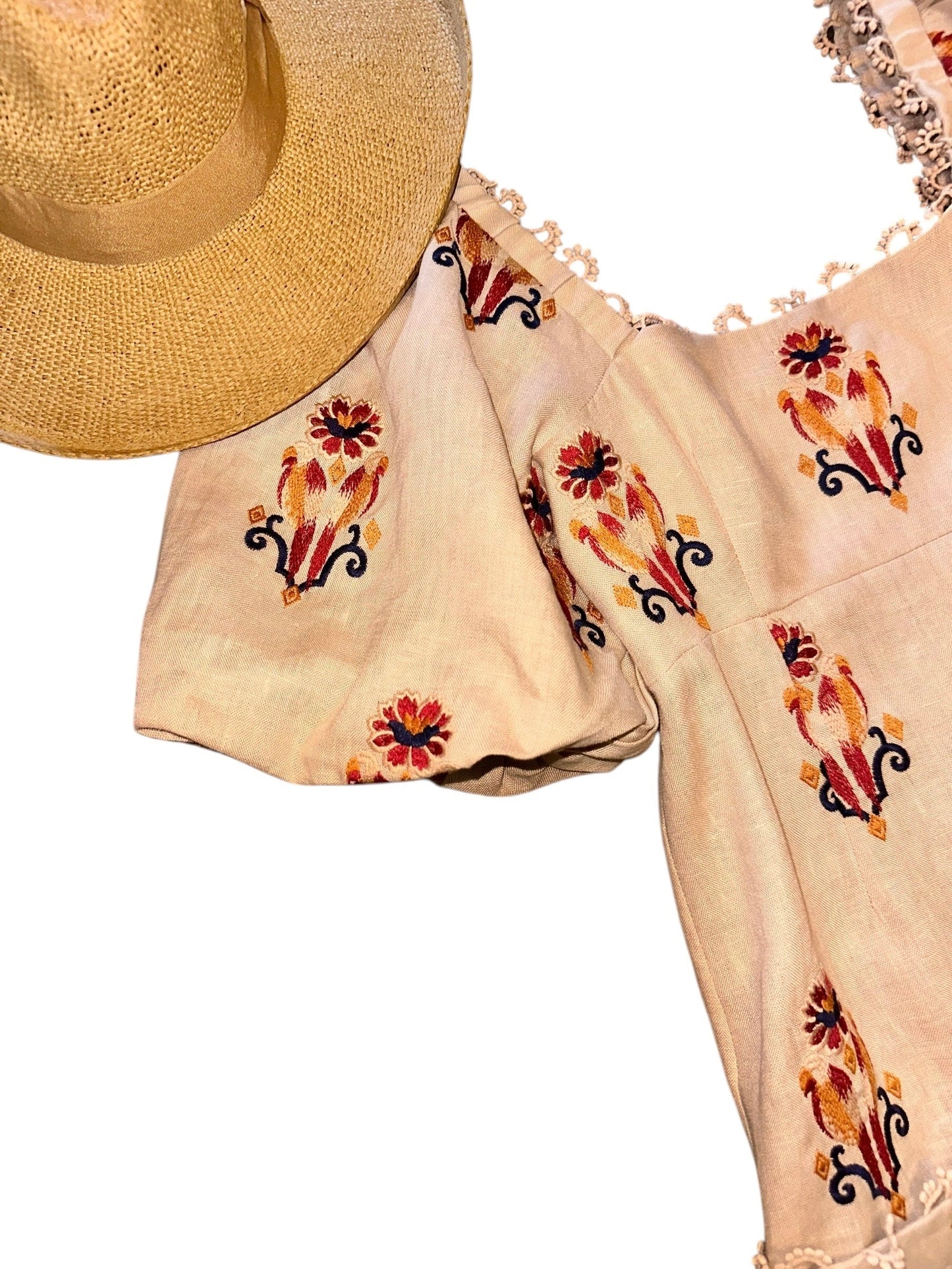 Puff-Sleeve Linen Embroidered Macaw Midi Dress