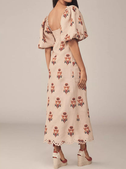 Puff-Sleeve Linen Embroidered Macaw Midi Dress