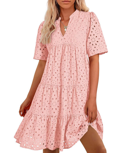 V-neck Hollow-out Embroidered Dress