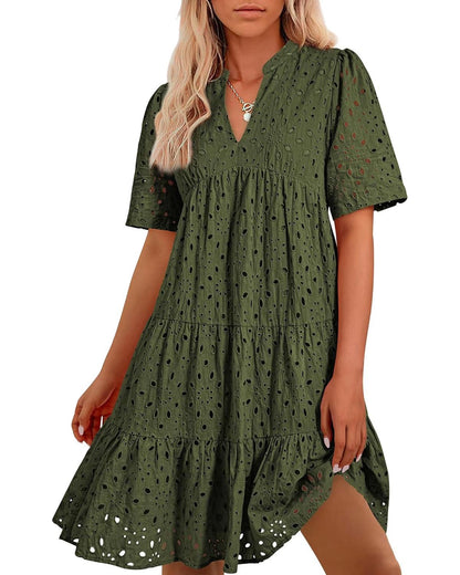 V-neck Hollow-out Embroidered Dress