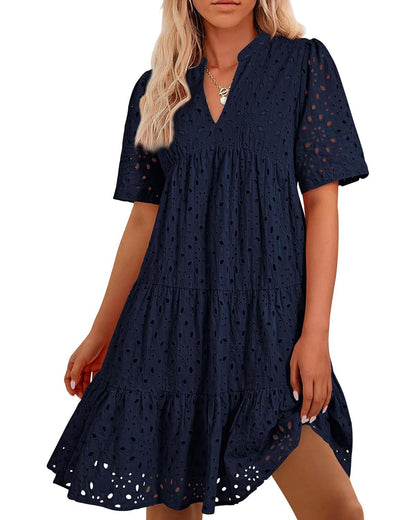 V-neck Hollow-out Embroidered Dress