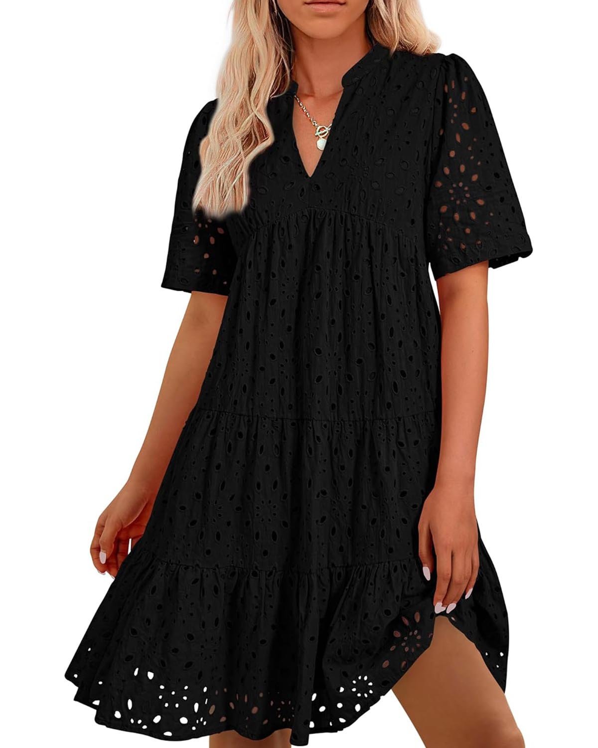 V-neck Hollow-out Embroidered Dress