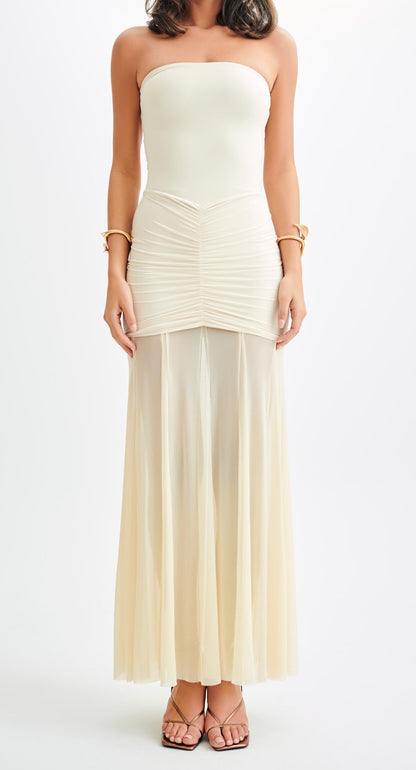 Ivory Slinky And Mesh Off Shoulder Maxi Dress