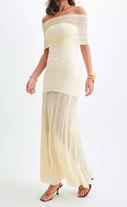 Ivory Slinky And Mesh Off Shoulder Maxi Dress