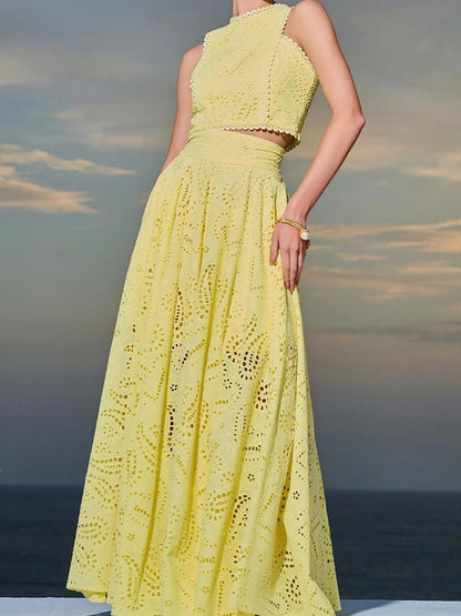 Paisley Eyelet Embroidery Sleeveless Two Pieces Dress