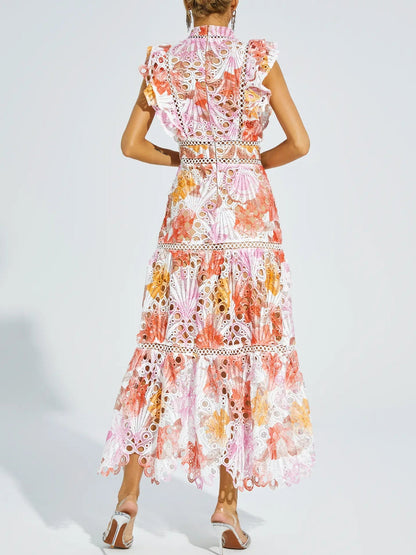 Stand Collar Sleeveless Cut-out Embroidered Dress
