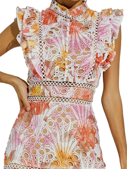Stand Collar Sleeveless Cut-out Embroidered Dress