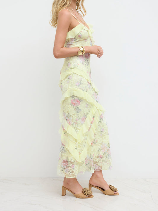 Lace V-neck Floral Ruffle Maxi Dress