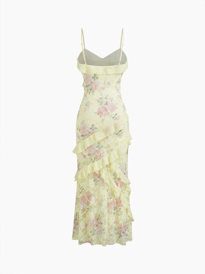 Lace V-neck Floral Ruffle Maxi Dress