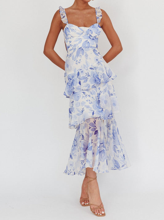 Flowers Blush Strappy Back Ruffle Maxi Dress