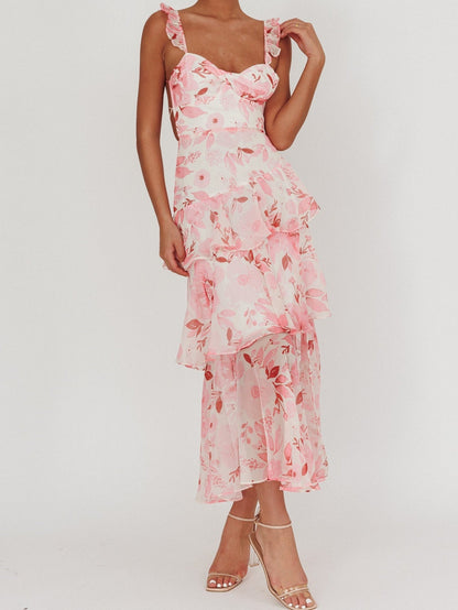 Flowers Blush Strappy Back Ruffle Maxi Dress