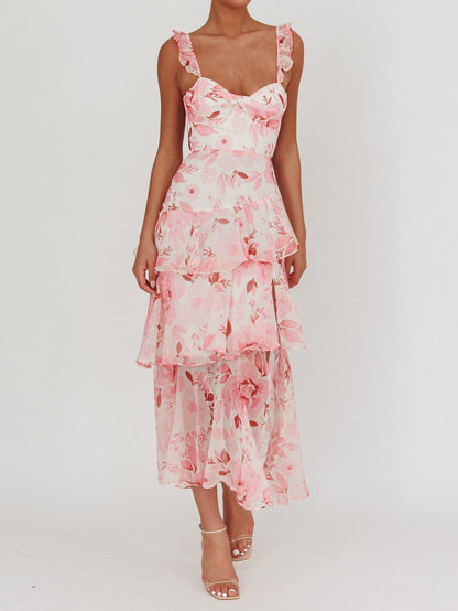 Flowers Blush Strappy Back Ruffle Maxi Dress