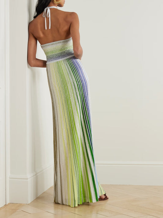 Sequin-embellis Hed Metallic Crochet Knit Holder Corner Maxi Dress