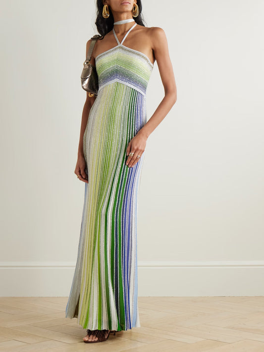 Sequin-embellis Hed Metallic Crochet Knit Holder Corner Maxi Dress