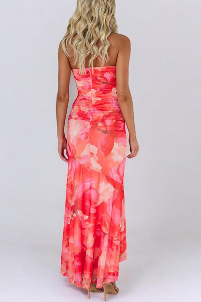 Floral Print One Shoulder Ruched Stretch Maxi Dress