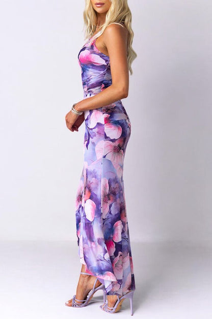 Floral Print One Shoulder Ruched Stretch Maxi Dress