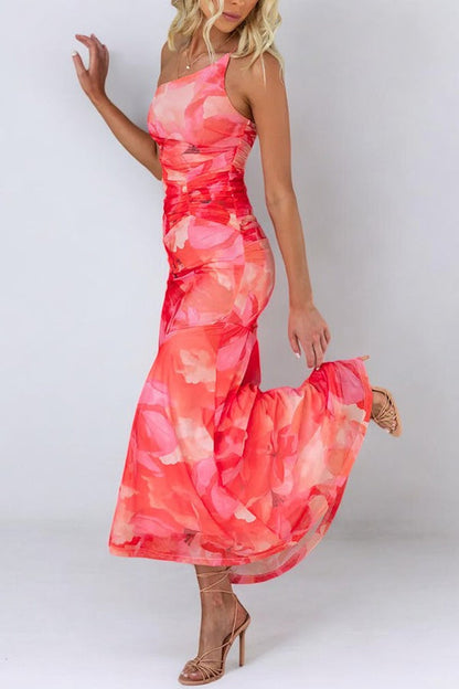 Floral Print One Shoulder Ruched Stretch Maxi Dress