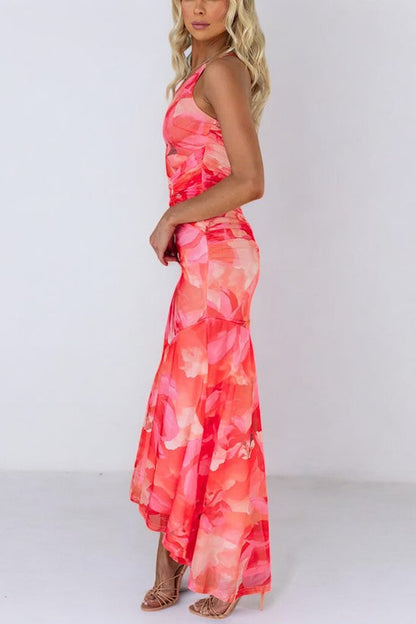 Floral Print One Shoulder Ruched Stretch Maxi Dress