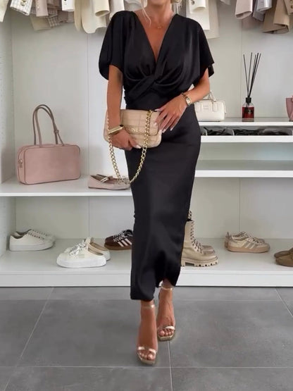 Satin Solid Color V-neck Cross Knot Slim Maxi Dress