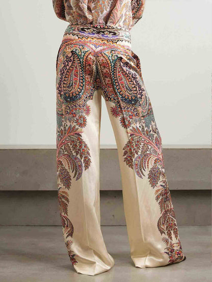 Exquisite Vintage Paisley Print Ruffled Shirt And Wide-leg Pants