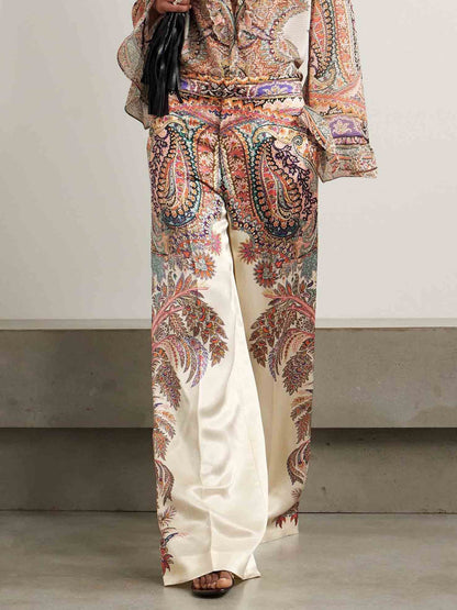 Exquisite Vintage Paisley Print Ruffled Shirt And Wide-leg Pants